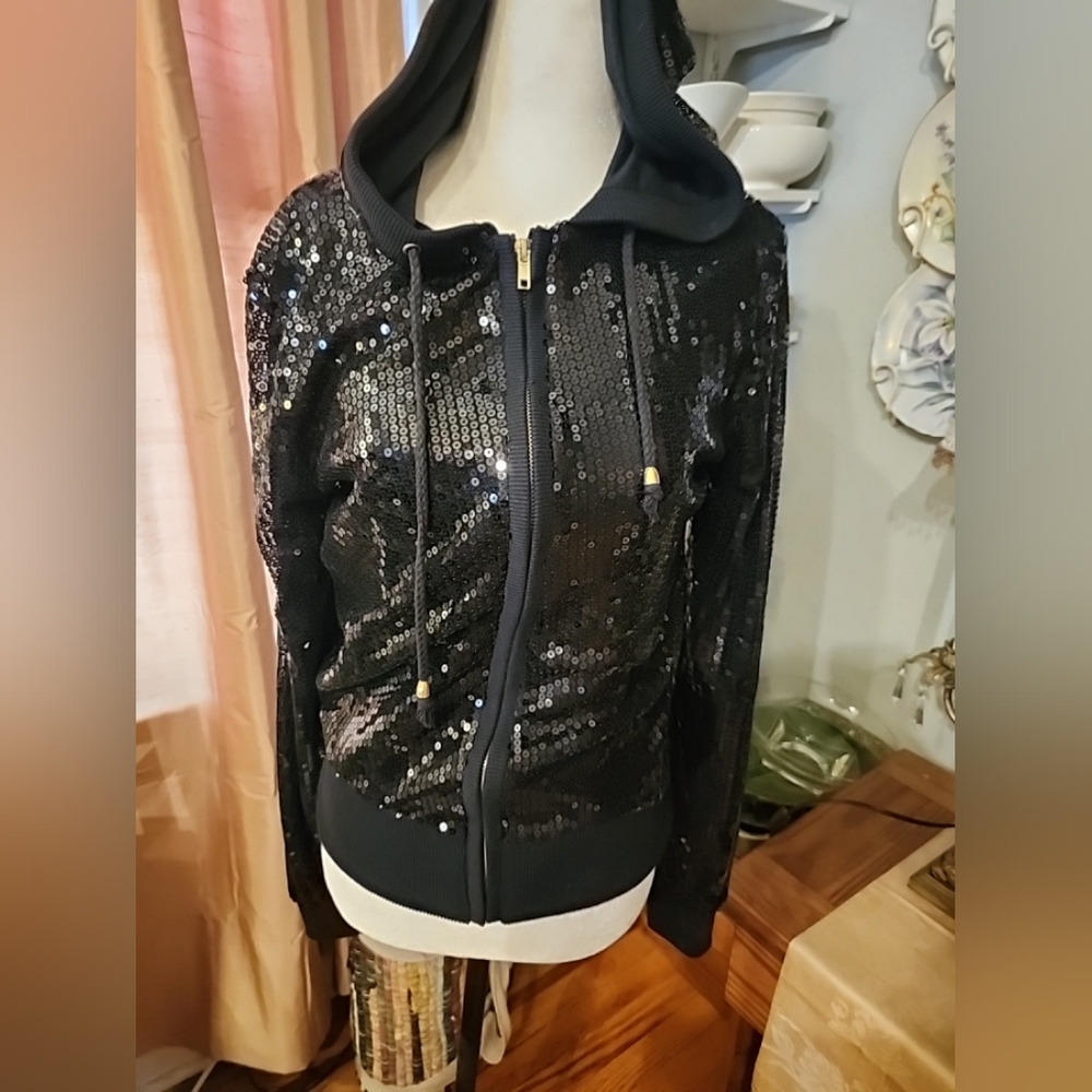 Sequined hoodef bomber jacket Sz Large